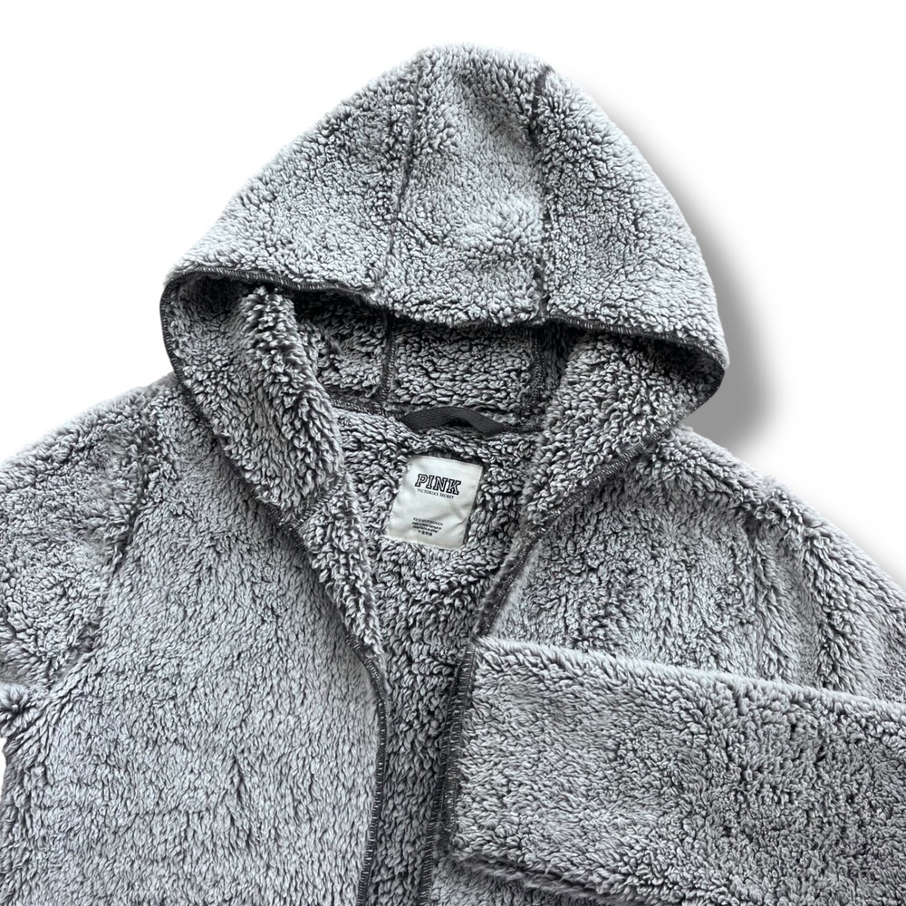 PINK Victorias Secret XS/S Grey Teddy Sherpa Fleece Hooded Open Fr Cardigan Cozy